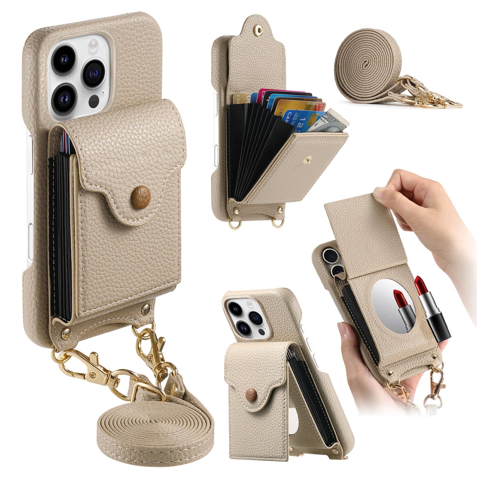 

For iPhone 16 Pro Case Mirror Card Holder Litchi Texture Leather Phone Back Cover with Long Strap Khaki Gray