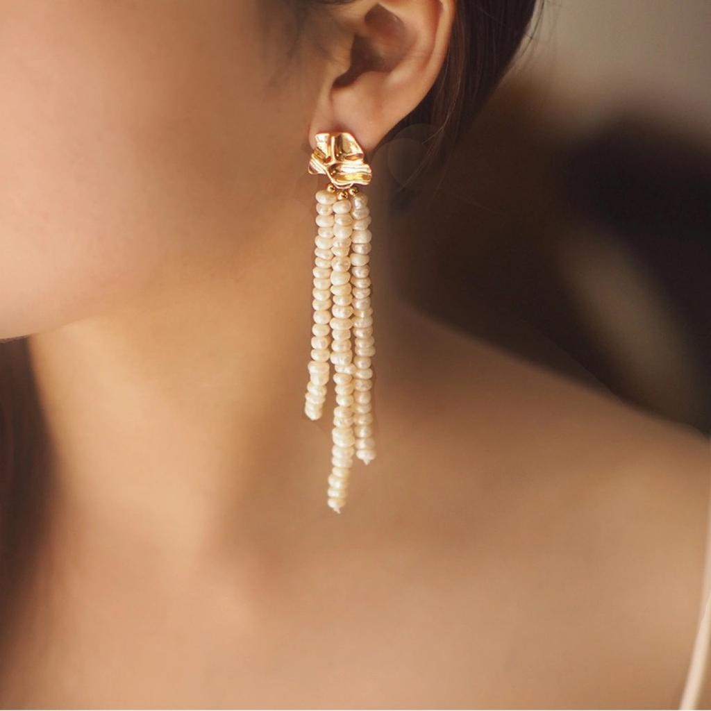 Fashion French long natural pearl earrings special-shaped fringed stud earrings retro design court temperament small fragments tide