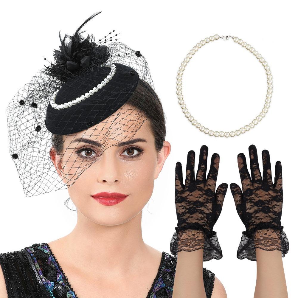 Exquisite Mesh Feather Headband Pearl Masquerade Hair Band Retro Vintage Fascinator Hat  Wedding чёрный