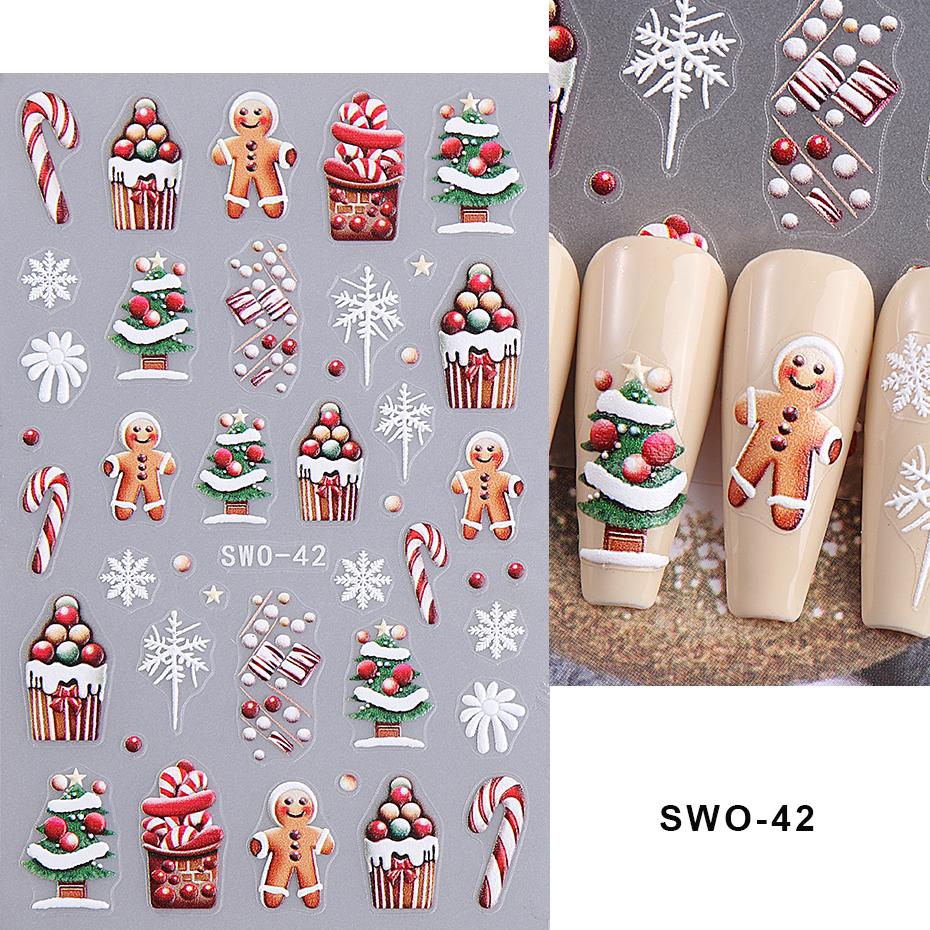 5D Embossed Christmas Nail Stickers Gingerbread Man Snowflake Snowman Penguin Autumn Winter Nail Art Decals Decoration