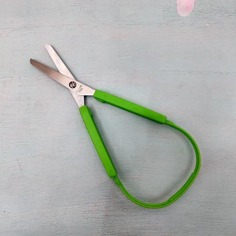 Stainless Steel Kids Safety Scissors - Ring Handle Student Scissors with Elastic, Child-Friendly DIY Paper-Cutting Tool