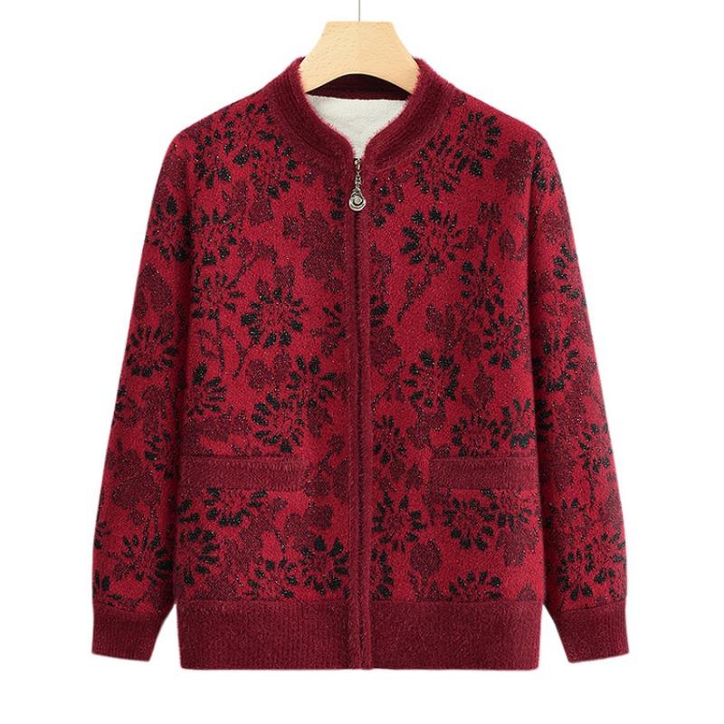 Middle-aged and Elderly Mothers Wear Spring and Autumn Knitted Cardigan Sweater Jacket Crew Neck Printed Top Loose Casual Women's Clothes