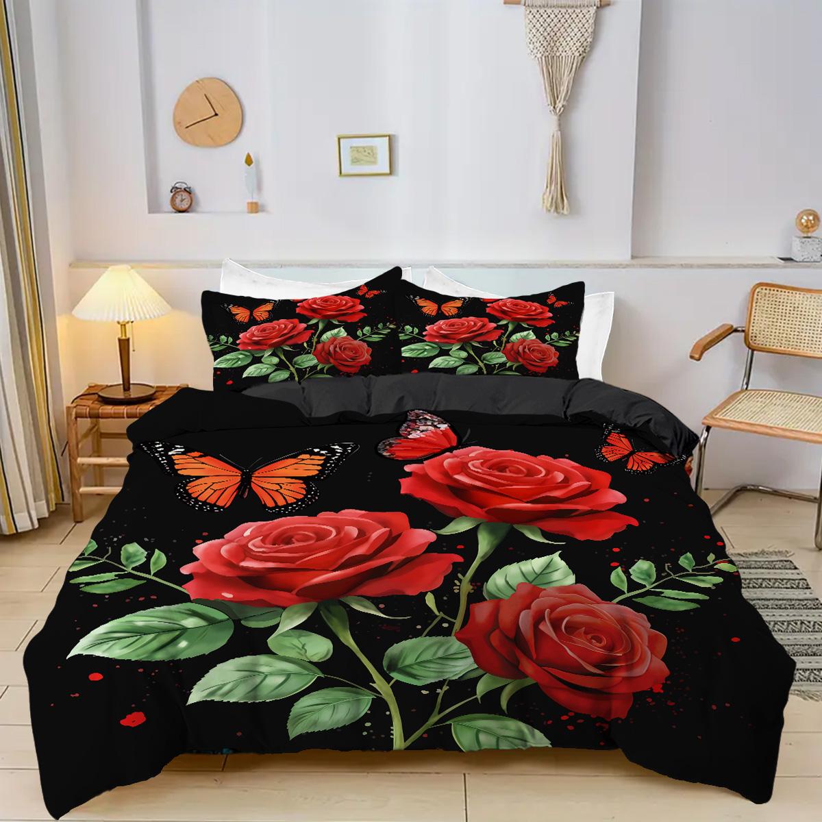 

Red Rose Butterfly 3D Printed Duvet Cover Elegant High-Quality Bedding Set Soft Comfortable Home Textiles Quilt Cover Pillowcase 135x200cm 2pcs