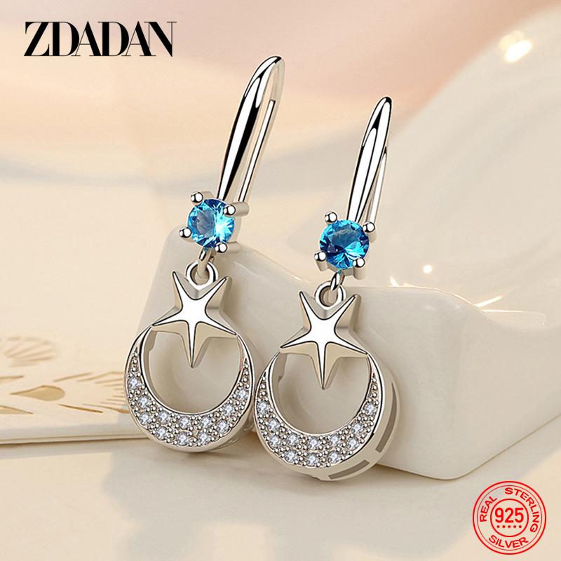 925 Sterling Silber Stern Mond Zirkonia Hängeohrringe für Damen Modeschmuck