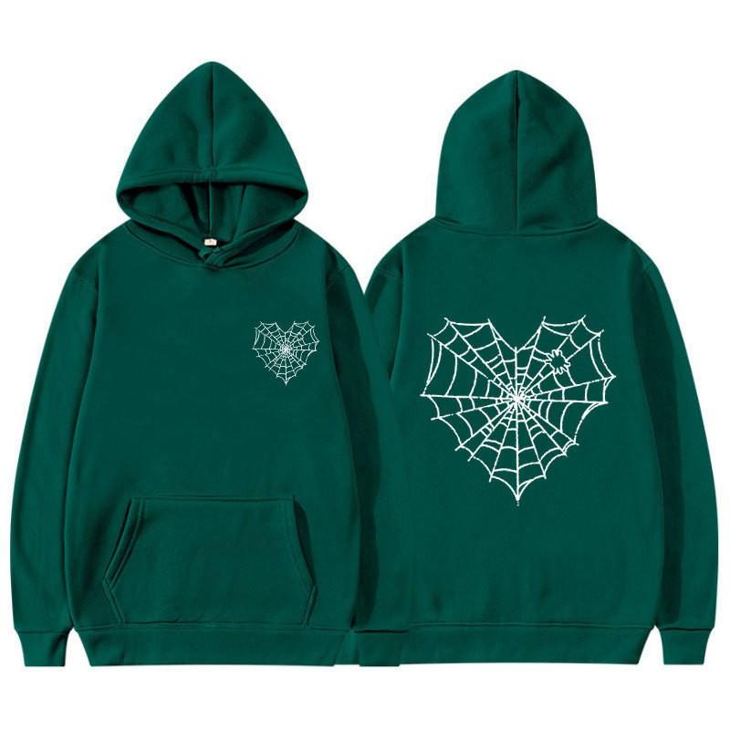 Gothic Spiderweb Print Hooded Sweatshirt Unisex Oversized Pullover With Ribbed Hem Fall