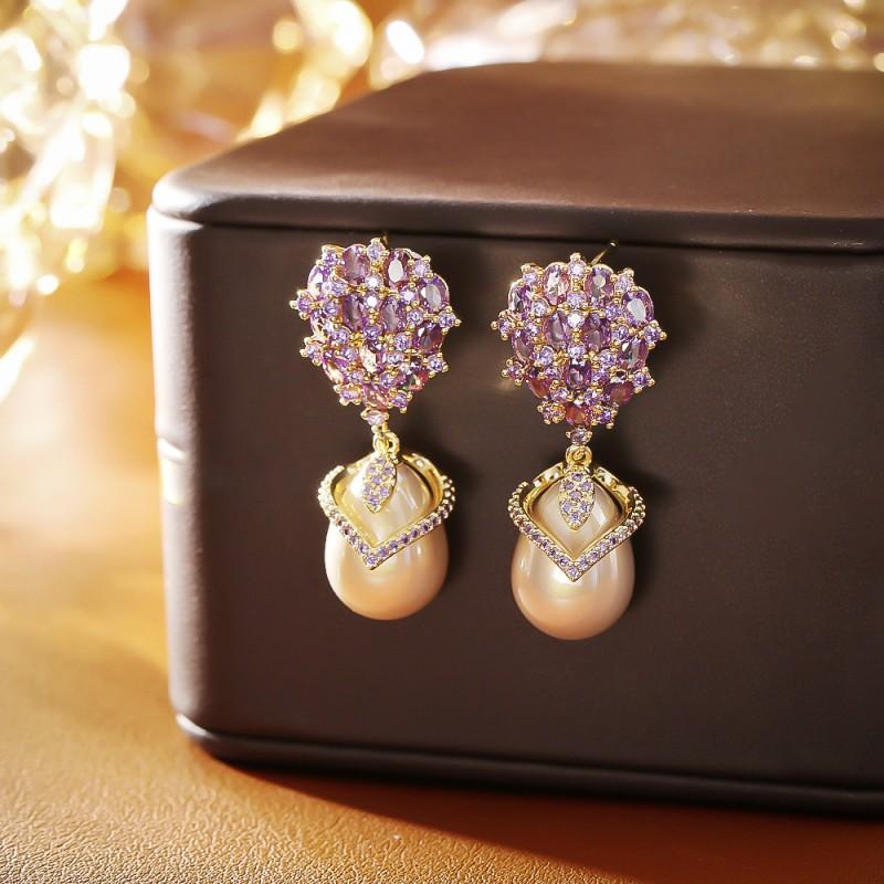 Elegant Zircon Drop Pearl Earrings Women French Vintage Style Sterling Post Gold Plated Geometric Design