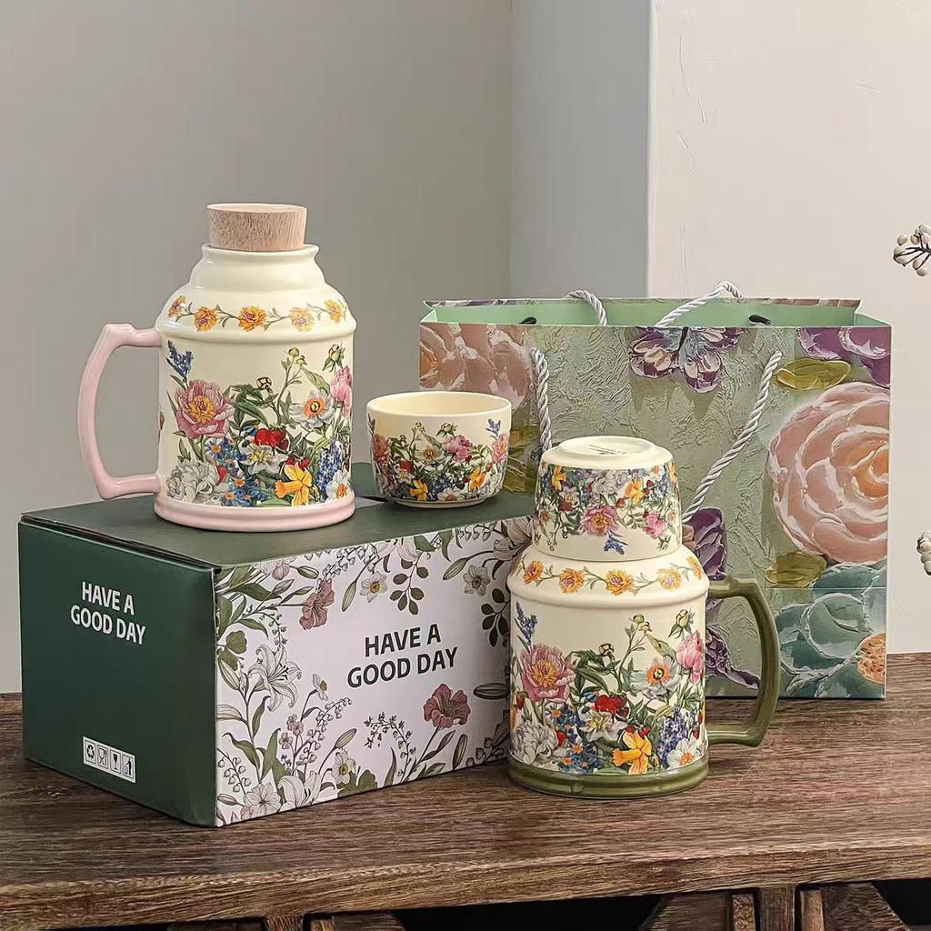 French Half-Summer Flower Blooming Mug With Lid Ceramic Kettle Tea Cup Office Retro Exquisite Cup Souvenir
