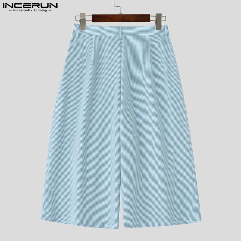 INCERUN Men Capri Casual Loose Wide Leg Buttons Striped Cropped Pants Shorts