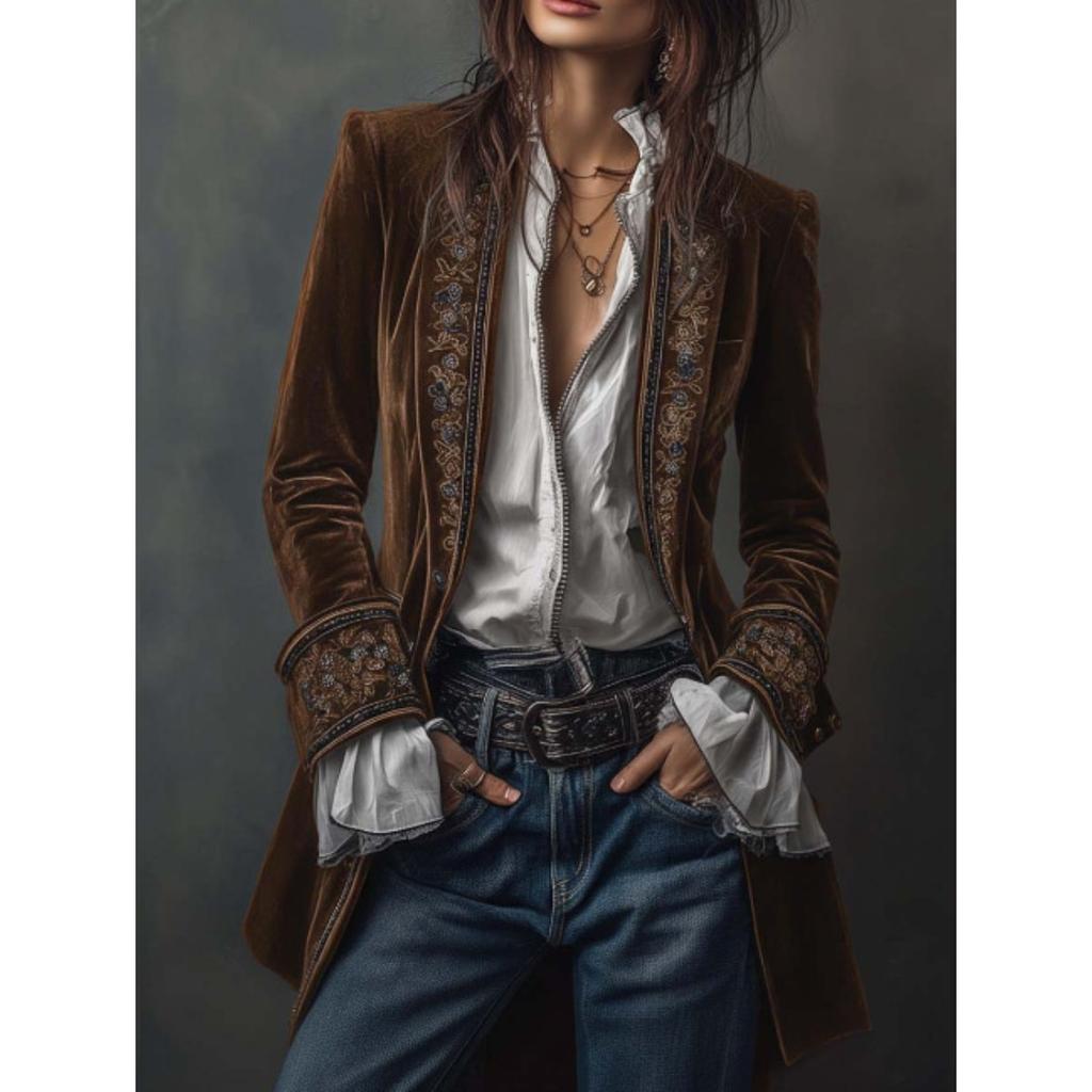 Women Embroidered Velvet Blazer Long Sleeve Open Front Cardigan Elegant Vintage Outerwear