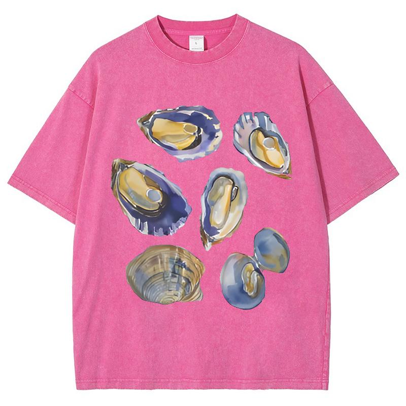 Colorful Shell Print Women's T-Shirt Mid-Sleeve Wash Faux Denim Short-Sleeved Pullover Cool And Comfortable Tee Top