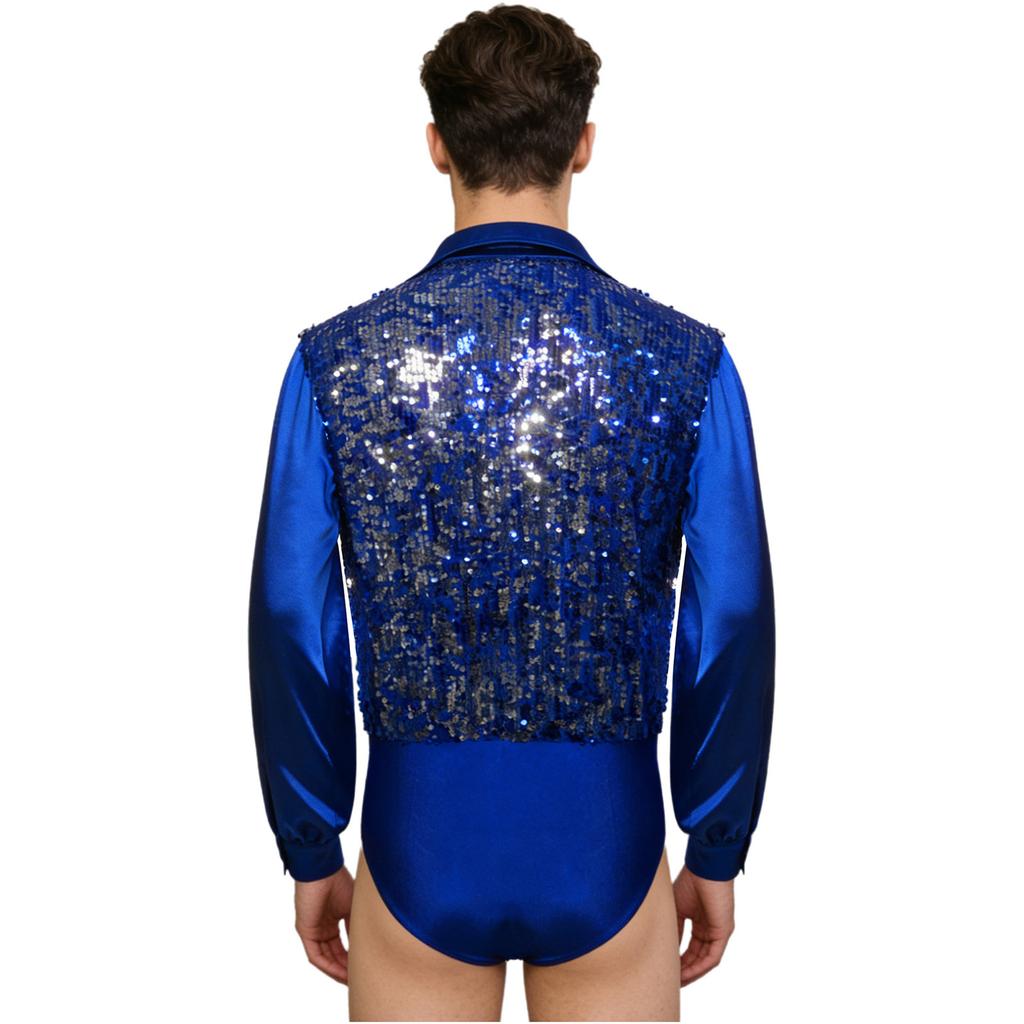 Mens Latin Ballet Dance Bodysuit Glittery Sequined Bodice V Neck Satiny Long Sleeves Buttoned Crotch Leotard