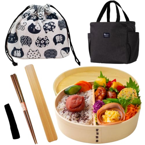 [Includes a Beckoning Cat-patterned Drawstring Bag] 1. White Cedar Bento Box, 2. Chopsticks, 3. Insulated Hot/cold Storage Bag, 4. Drawstring Bag, 5.