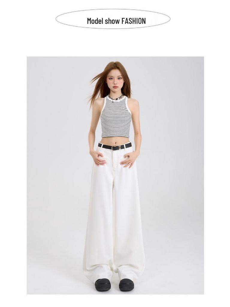 Women's Autumn 2025 Casual White Wide-Leg Pants: High-Waist, Loose, Slimming, Drapey, Floor-Length