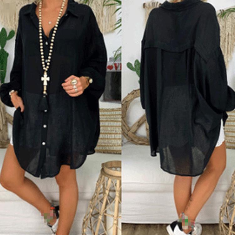 Top a Maniche Lunghe da Donna Taglia Plus Camicia Bianco Tunica Cardigan Casual Largo Bottoni Colletto Classico Bluse Camicie
