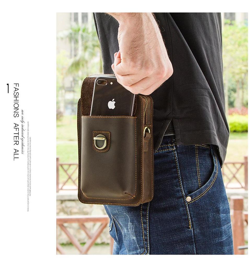 Men's Retro Crazy Horse Leather Crossbody Phone Waist Bag