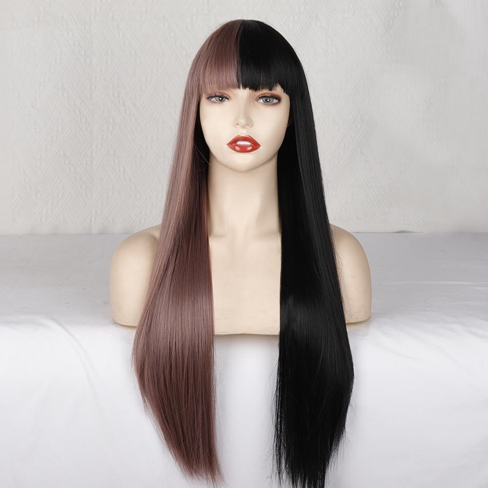 MERISIHAIR Women Long Straight Wig with Bangs Synthetic Half Color Black Dark Purple Cosplay Long Straight Wig