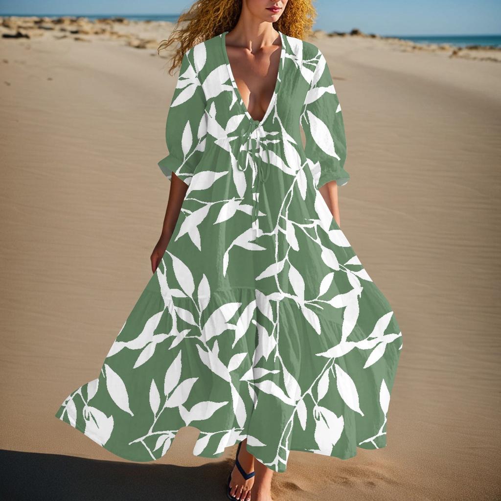 Women's Summer Fashion V-neck Retro Floral Print Short Sleeved Beach Dress With Lace Patchwork Dress