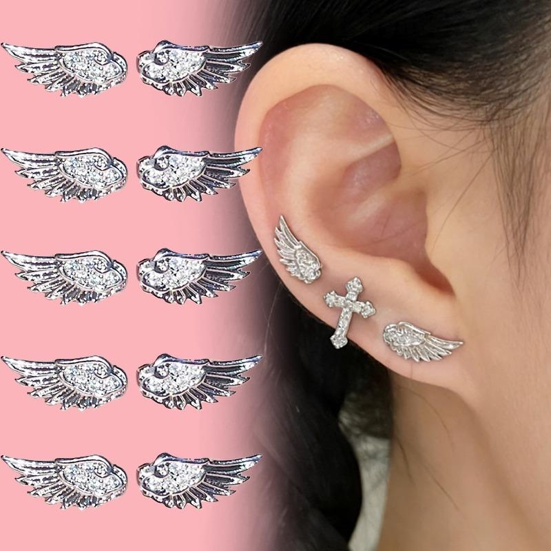 Shiny Stud Earrings for Women Girls Wing Shape Ear Studs Ear Piercing Fashion Cute Jewelry Gifts Punk Gothic Cross Decoration