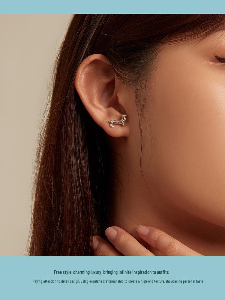 Yinziyun S925 Silver Dachshund Jewelry Set: Cute Animal Earrings & Open Ring