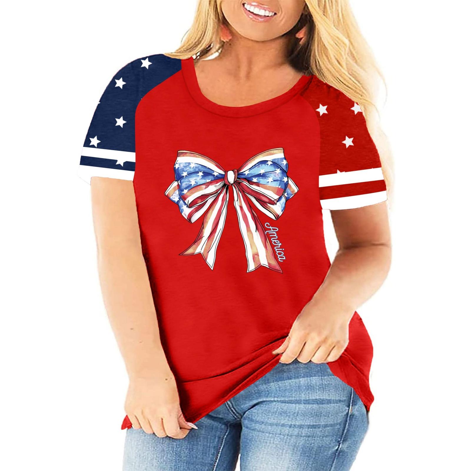 

Plus Size Womens Casual Short Sleeve Crew Neck Top with Independence Day Print Loose Fit Summer Blouse for Daily Wear XXXL красный