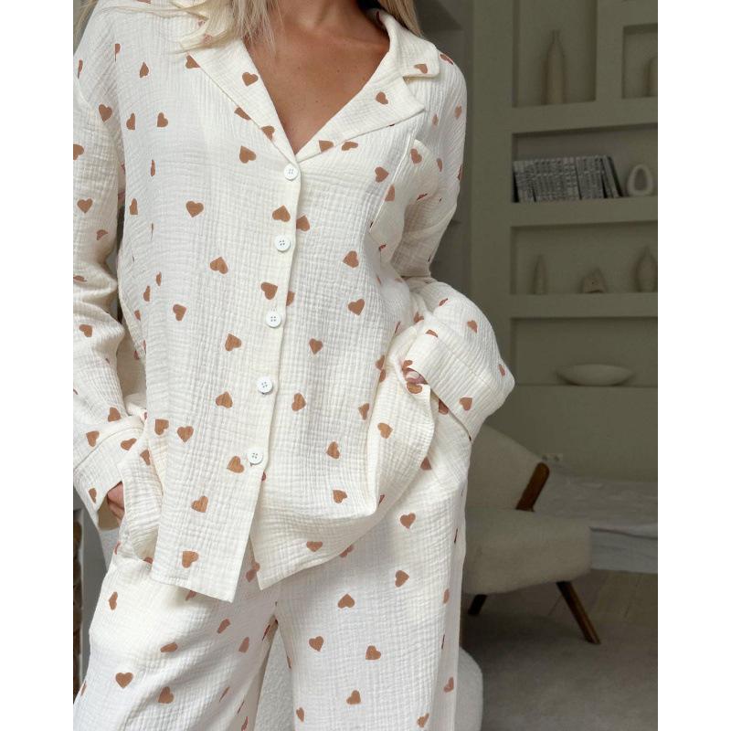 women's Loose Fit Heart Print Long Sleeve Pajama Set Soft Casual Loungewear 2 Piece Outfit Sleepwear