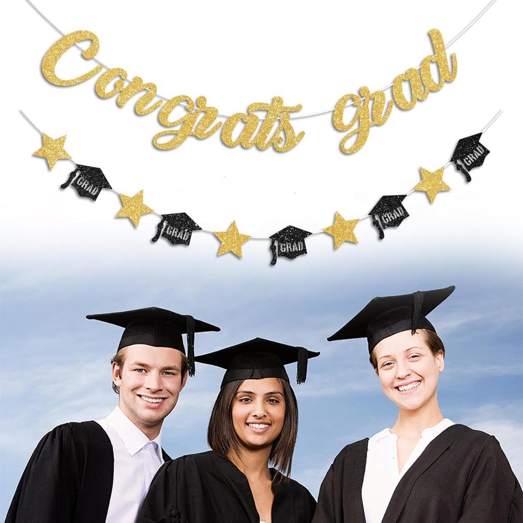 Gold Congrats Grad Banner Glitter Graduation Banner for Graduation Decorations Class of 2026 Party Supplies