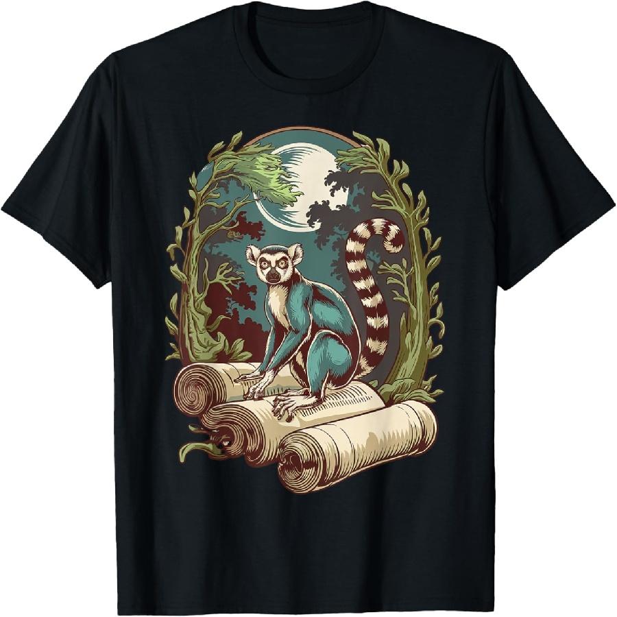 Lemur Perched on Ancient Scrolls Under Moonlight T-Shirt S