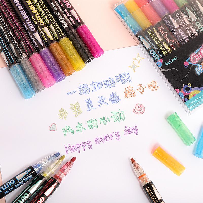 1 Set 8/12 Colors Self-Outline Metallic Markers Glitter Writing Drawing Pens For Christmas Card Writing Double Line Outline Pens