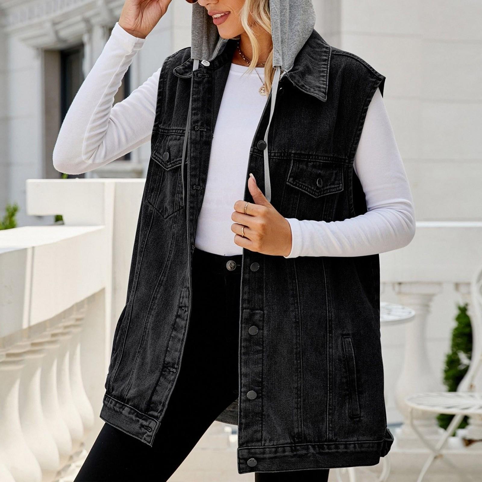 

Женская повседневная свободная винтажная джинсовая жилетка с капюшоном S чёрный