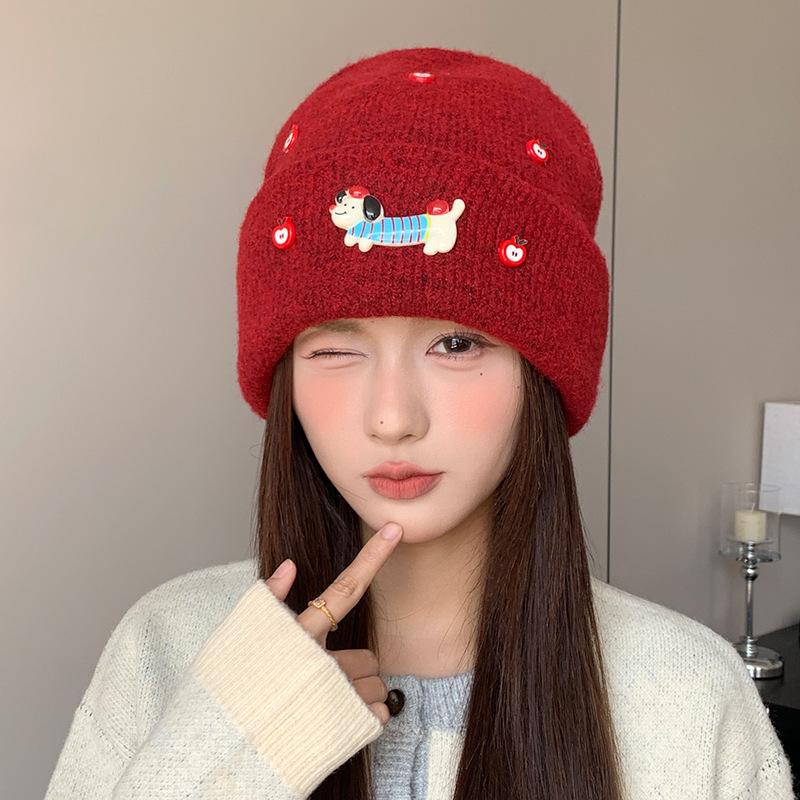 Cartoon Apple Label Puppy Woolen Hat for Women Outdoor Warm Ear Protection Hood Autumn and Winter Korean Version Sweet Knitted Hat
