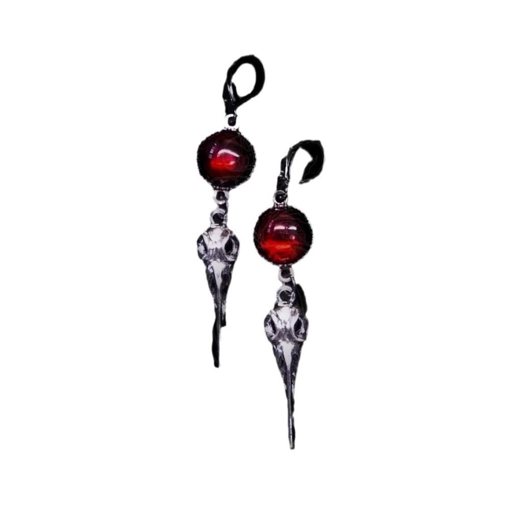 New Gothic Punk Sliver Color Vampire Bird Skull Round Red Glass Crystal Dangle Earrings for Women Heathen Wizard Jewelry Gifts