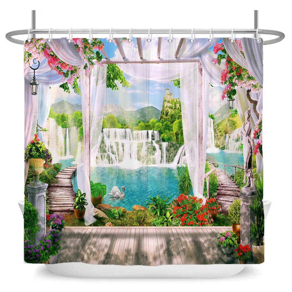 Beautiful Seaside Garden 3D Print Shower Curtain Rural Flower Scenery Bathroom Waterproof Bathtub Curtain Home Decor With Hooks