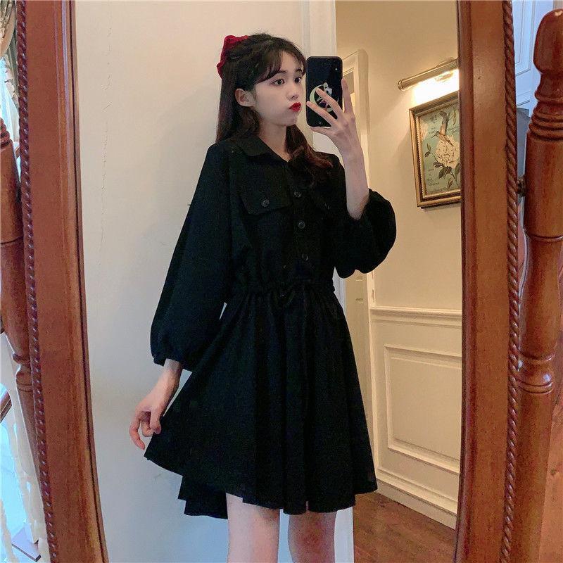 

Весеннее женское платье с воротником поло и длинными рукавами в корейском стиле, облегающая юбка А-силуэта на завязках на талии S