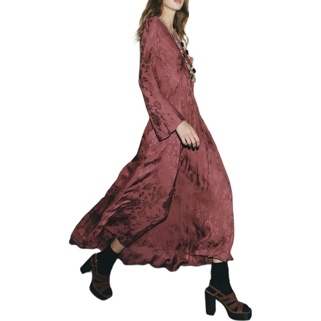 Zara Besticktes Jacquard-Midi-V-Ausschnitt-Langarmkleid Damenkleider Bordeaux 7521270-606
