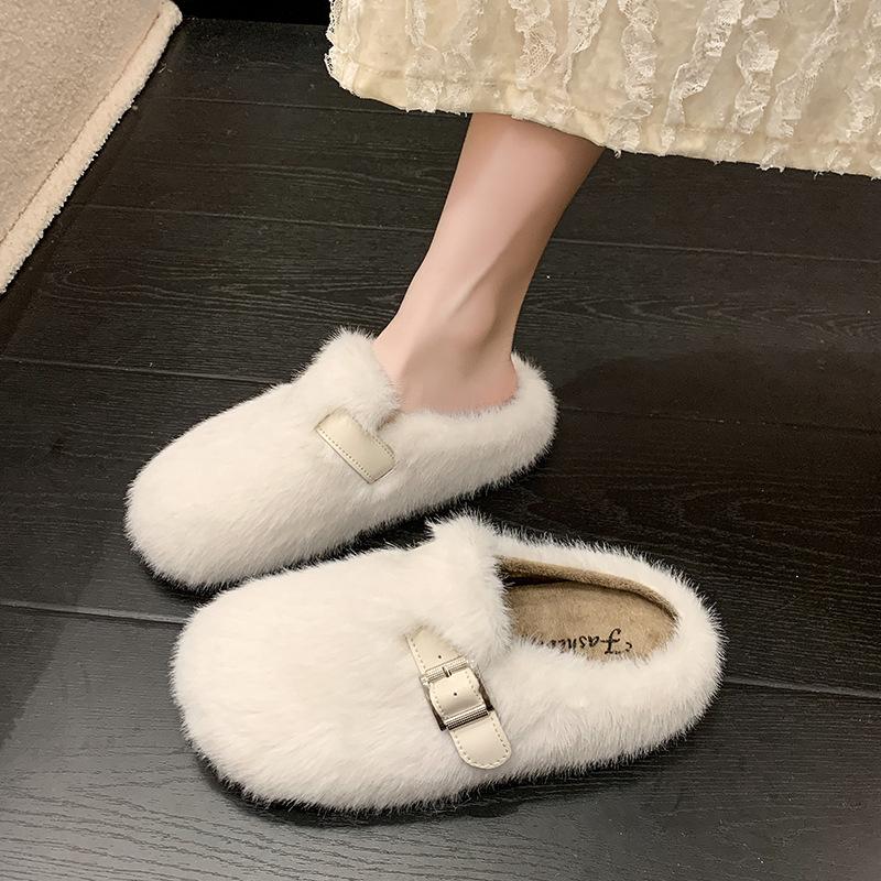 Premium Mink Hair Thick-soled Fluffy Slippers for Women To Wear 2025 Autumn and Winter New Fluffy Shoes Bag Head Cotton Slippers
