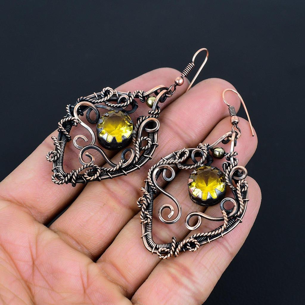Citrine 999 Copper Wire Wrapped Earrings, Handmade Gemstone Jewelry Earrings For Memorial Day