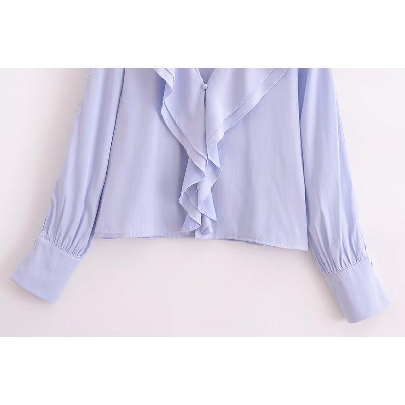 Kaslead New Arrival Women's Fashion Style Casual Minimalist Loose French Style V-neck Ruffles Long Sleeves Shirt