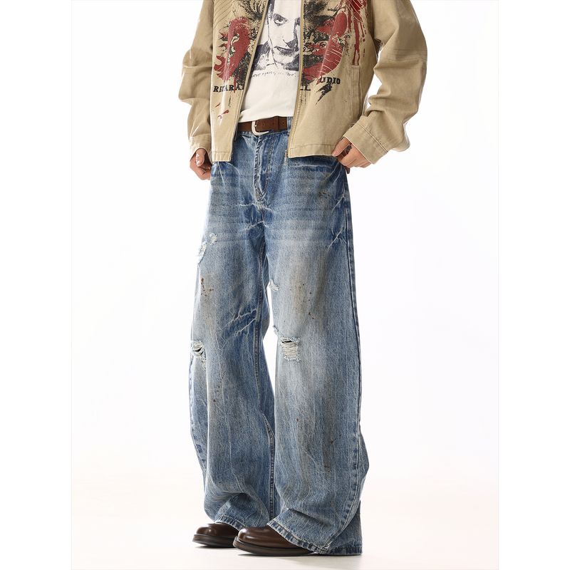 American Retro Loose Dirty-Dyed Distressed Jeans for Men and Women with Unique Design, Whiskered Casual Straight-Leg Wide-Leg Pants