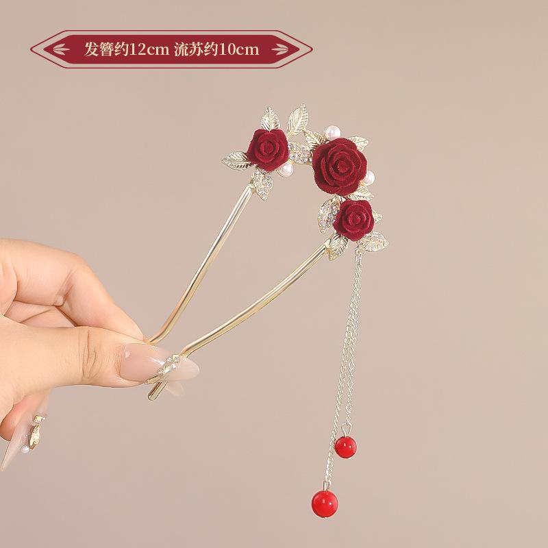 Vintage Chinese Style Rose Hairpin For Women Red Flower Element Tassel Hair Stick Elegant Exquisite Handmade Hair Accessories