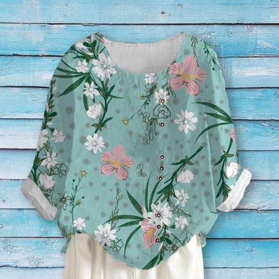 

Свободная женская блузка с круглым вырезом и длинным рукавом, элегантная рубашка с цветочным принтом и пуговицами