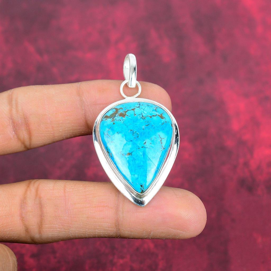 Blauer Türkis Handgemachter Edelstein Anhänger, 925 Sterling Silber Antik Schmuck Anhänger, Für Verlobungsgeschenk