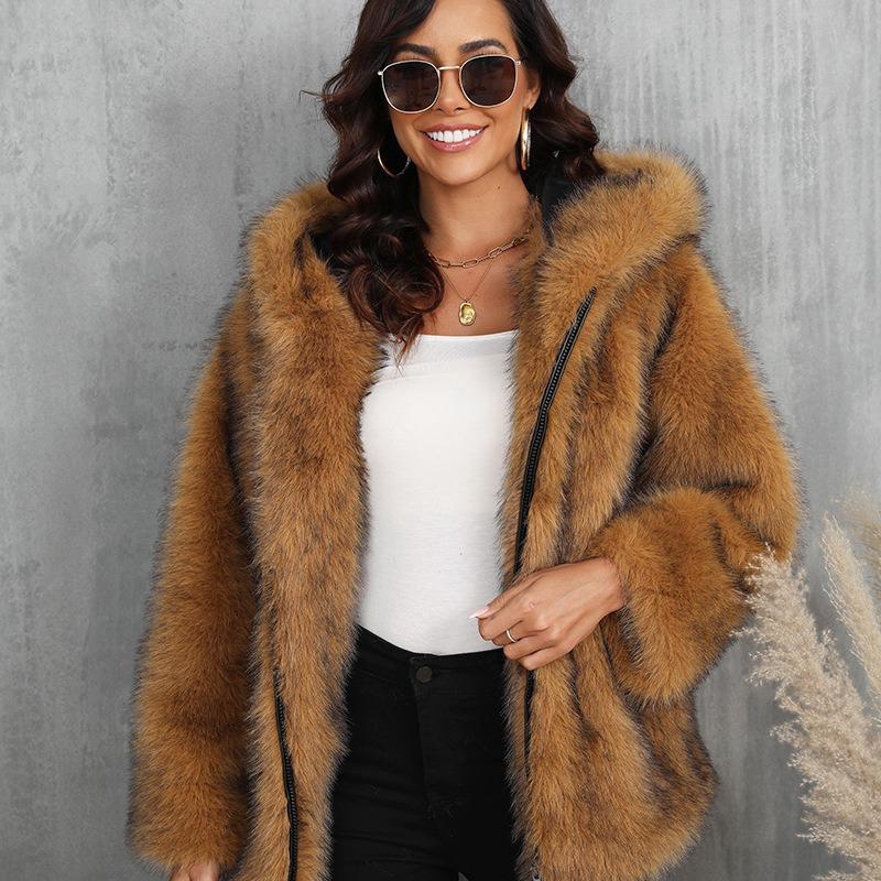 Imitation Fur Coat Solid Color Loose Hooded Short Fur Collar Coat Winter Coat Warm Winter Clothing