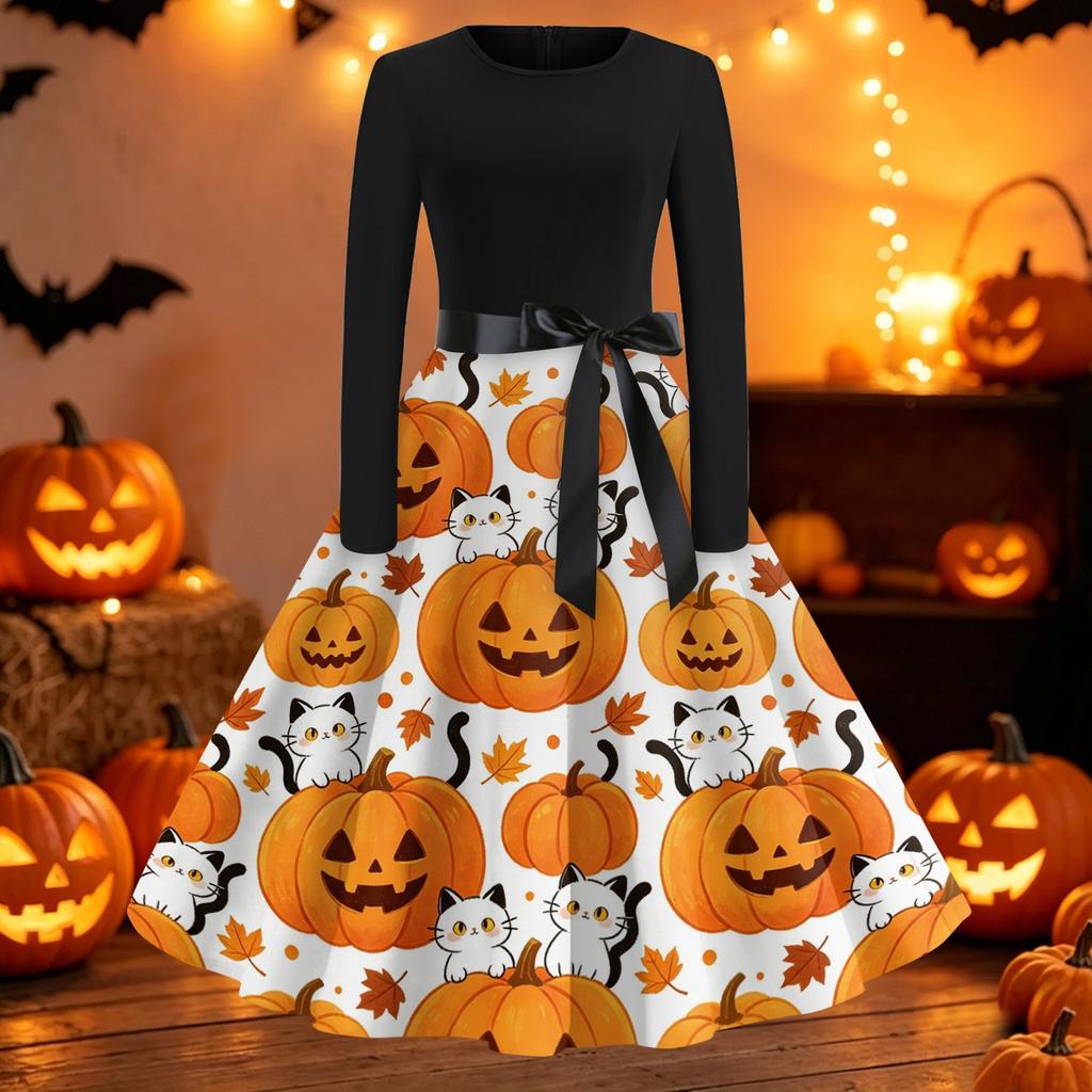 Womens Casual Long Sleeve Halloween Dress Round Neck Fit and Flare Midi Dress with Printed Skirt and Waist Tie Belt