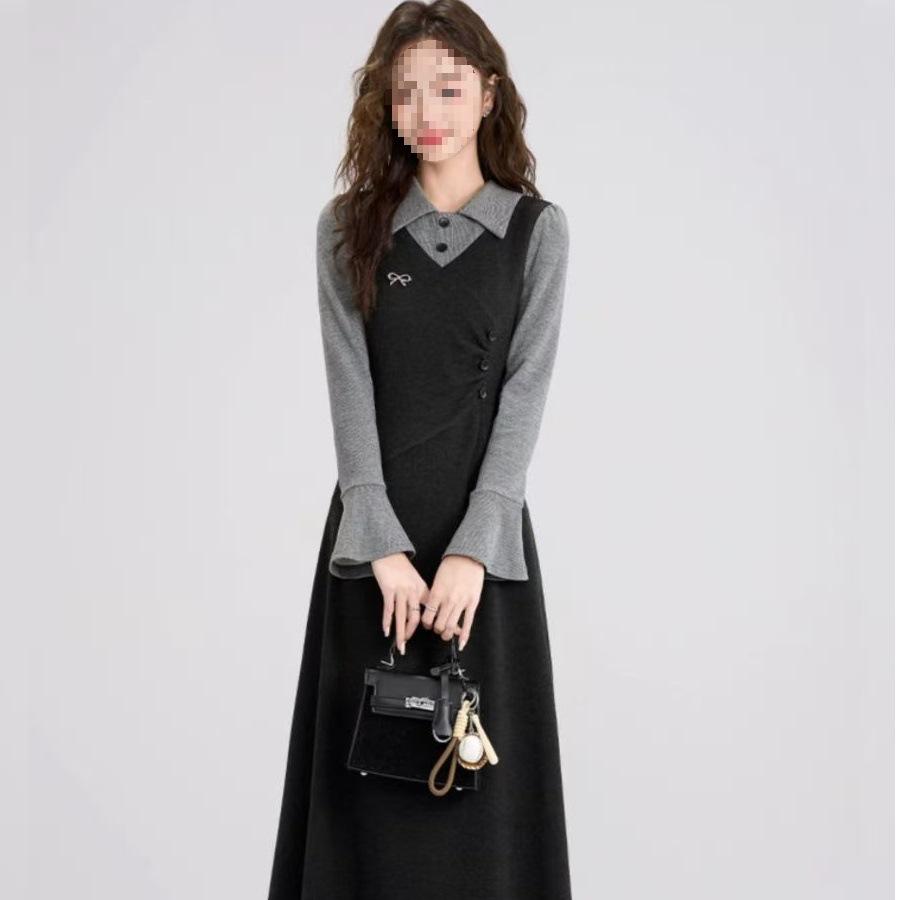 Spring new large size fat mm fake two-piece trendy French retro dress, thin women's black long skirt