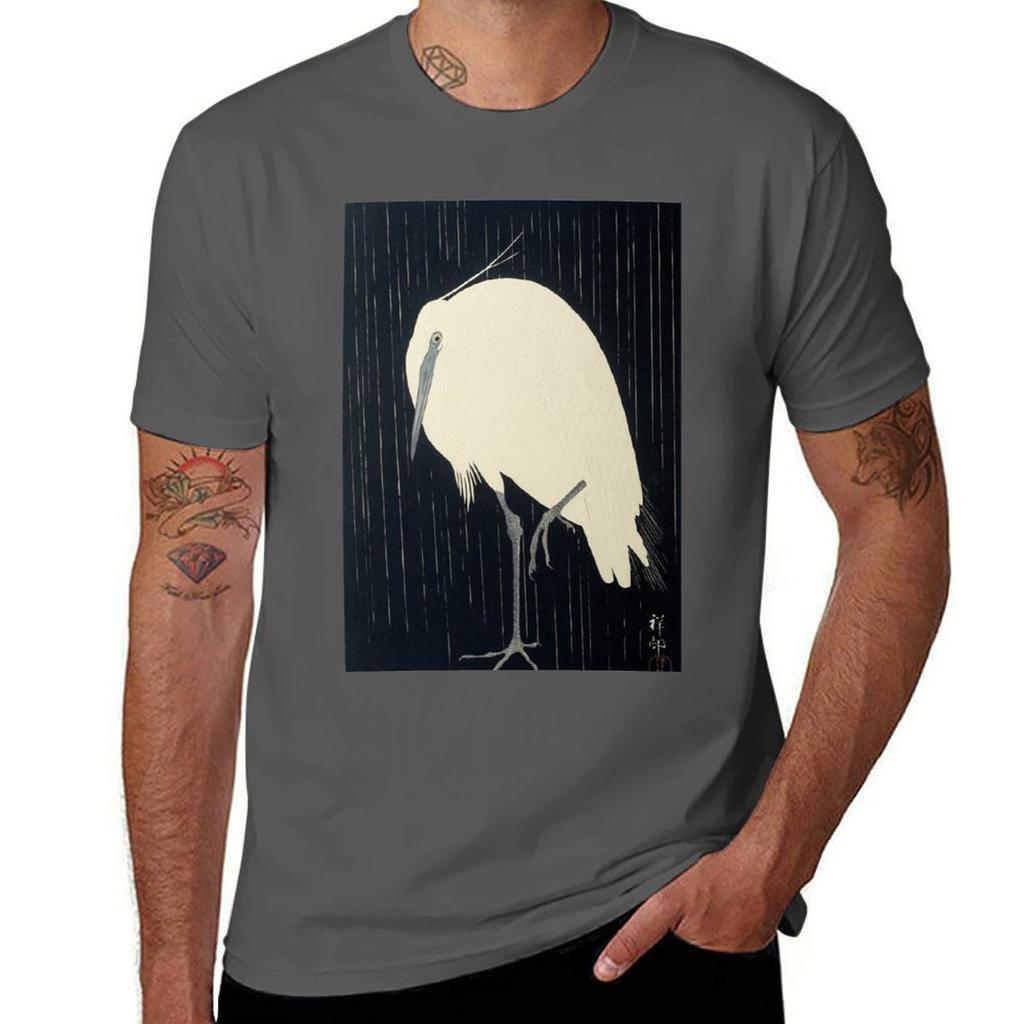 Egret In The Rain Ohara Koson 1920s Tshirt Active Sports Short Sleeve Cotton Shirt
