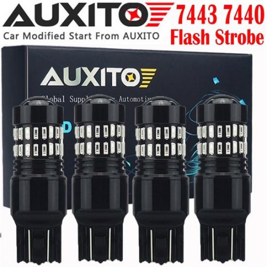 4X 7443 7440 Brake Tail Stop Light SUPER Red Flash Strobe Blinking LED Bulb EOA