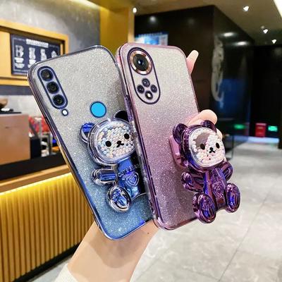 For Honor X8b Cute Bear Holder Bracket Glitter Plating Case On For Huawei Honor X8 X 8 X8b X8a 8x X9a X9b X7a 9x Pro Stand Cover