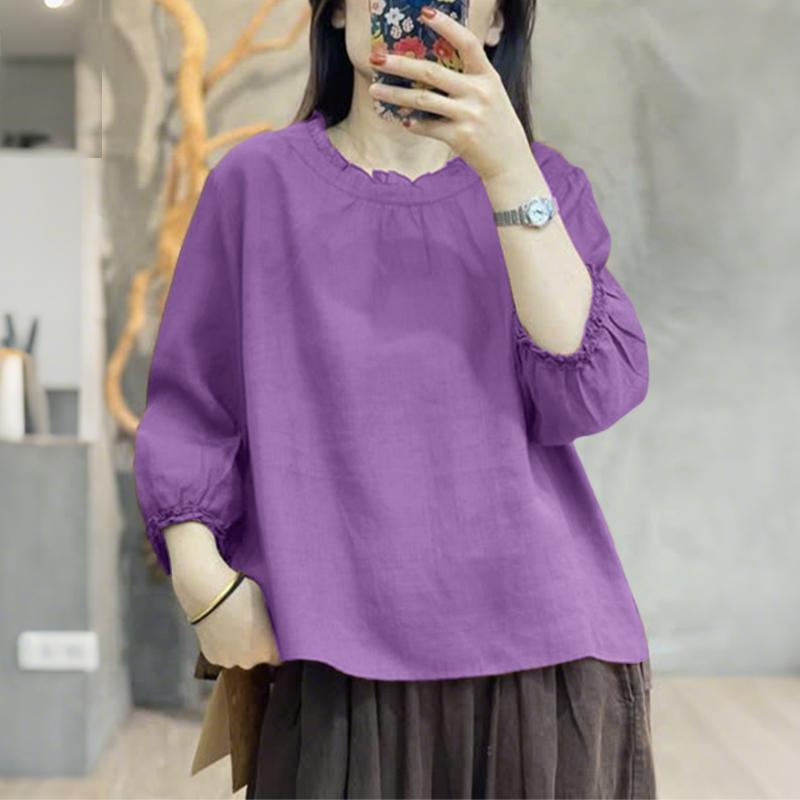 

ZANZEA Женская повседневная блузка с круглым вырезом, свободного кроя, с рукавами 3/4, летняя 5XL фиолетовый