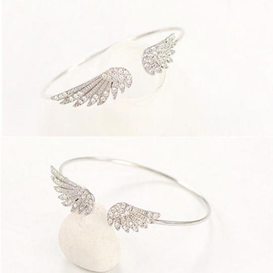 Women's Fashion Silver Color Rhinestone Angel Wings Bangle Cuff Bracelet Jewelry