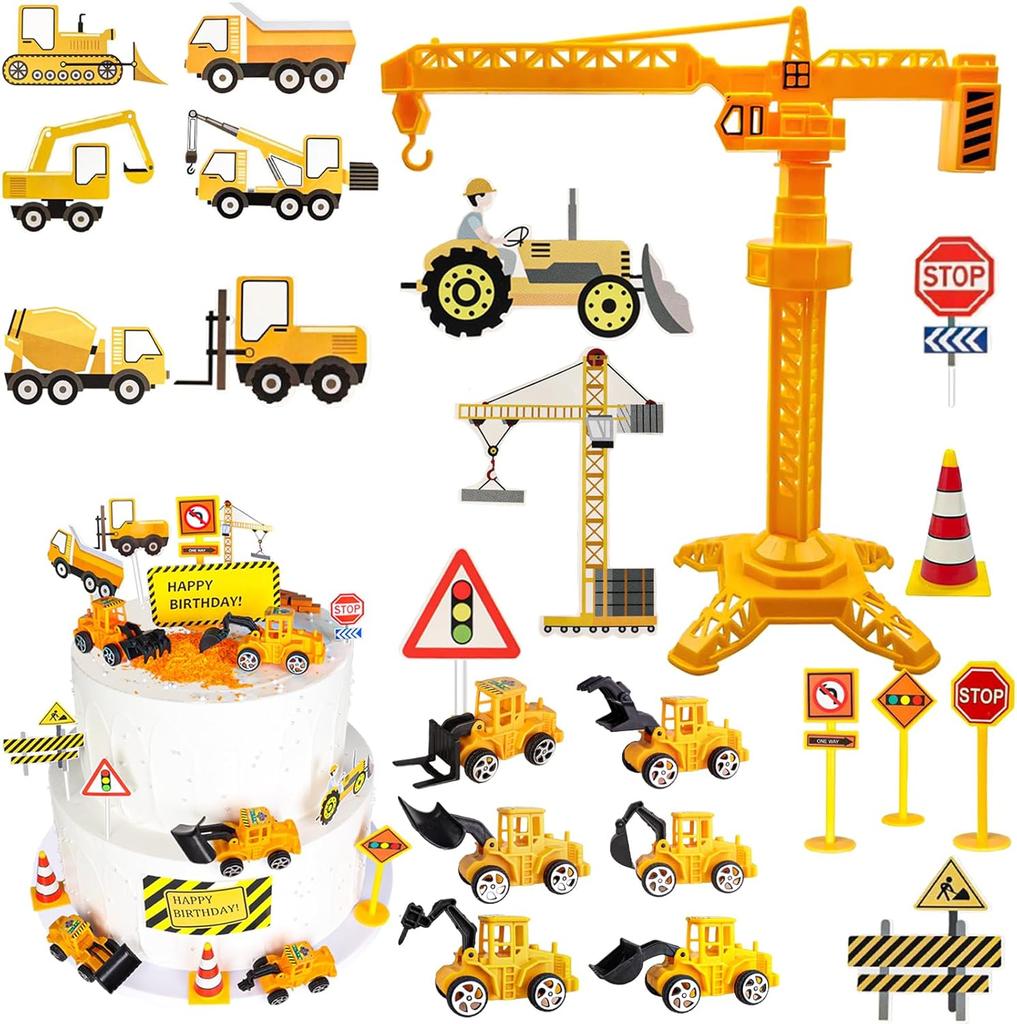 25Pcs Construction Cake Topper Excavator Tower Cupcake Topper Bulldozer Backhoe Traffic Road Sign Cake Decor Vehicles Decoration